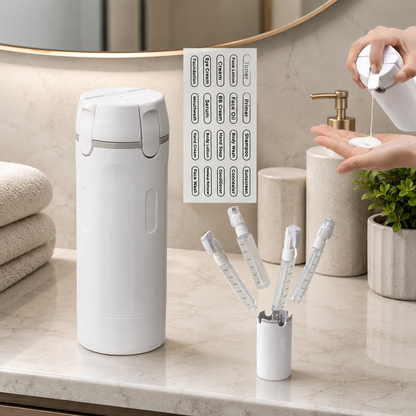DISPENSADOR DE VIAJE 4 EN 1 CON BOTELLAS PORTÁTILES