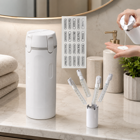4-IN-1 TRAVEL DISPENSER WITH PORTABLE BOTTLES