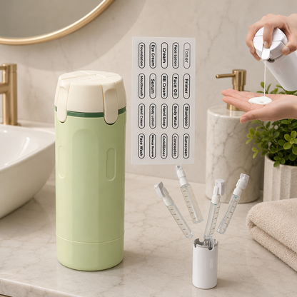 DISPENSADOR DE VIAJE 4 EN 1 CON BOTELLAS PORTÁTILES
