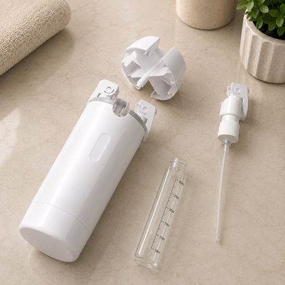 DISPENSADOR DE VIAJE 4 EN 1 CON BOTELLAS PORTÁTILES