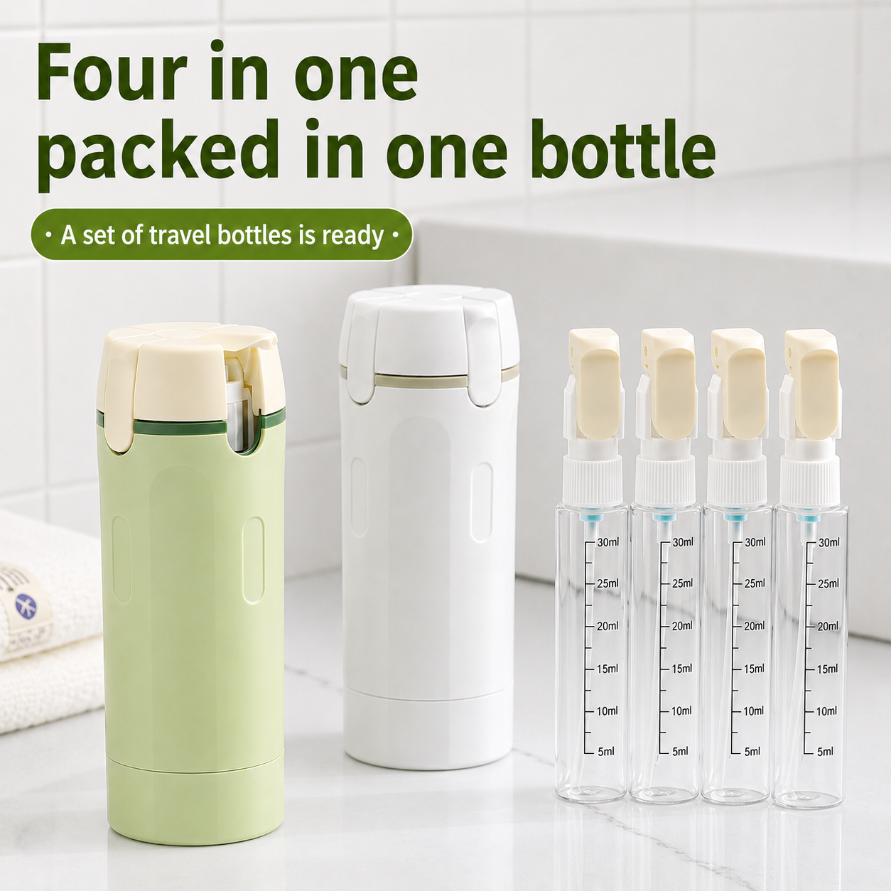 DISPENSADOR DE VIAJE 4 EN 1 CON BOTELLAS PORTÁTILES