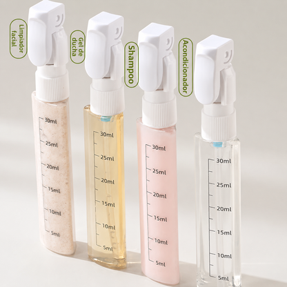 DISPENSADOR DE VIAJE 4 EN 1 CON BOTELLAS PORTÁTILES