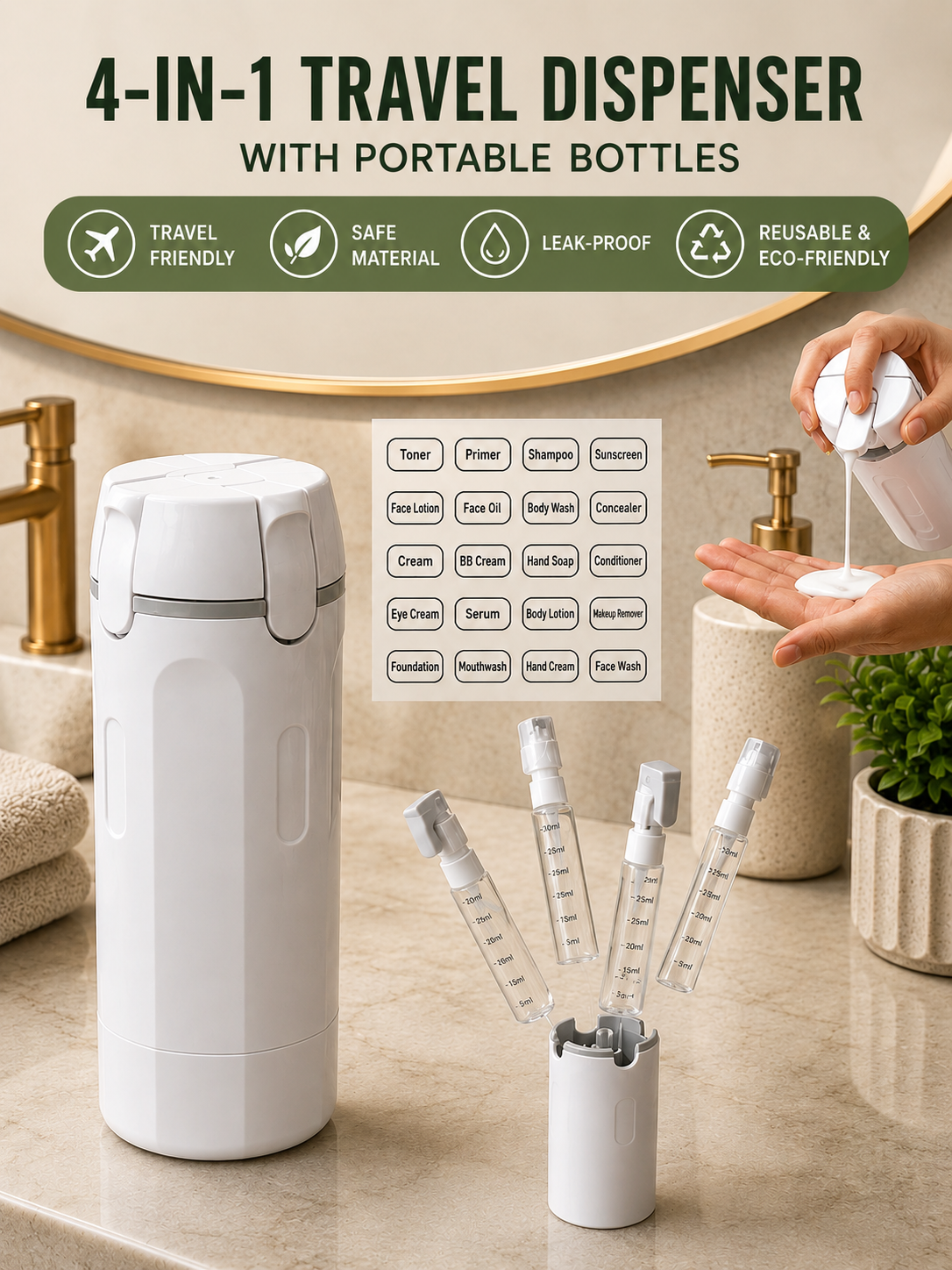 DISPENSADOR DE VIAJE 4 EN 1 CON BOTELLAS PORTÁTILES