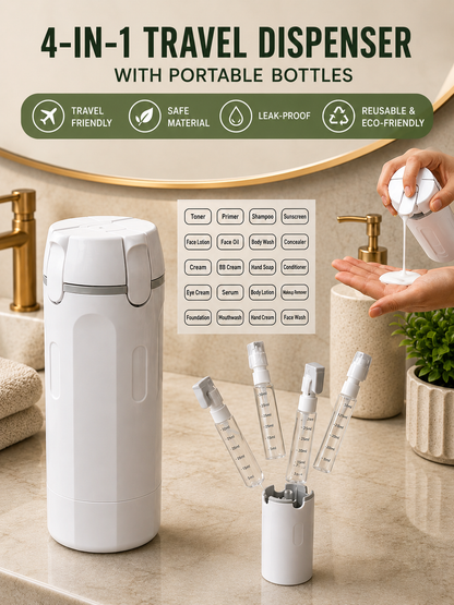 DISPENSADOR DE VIAJE 4 EN 1 CON BOTELLAS PORTÁTILES