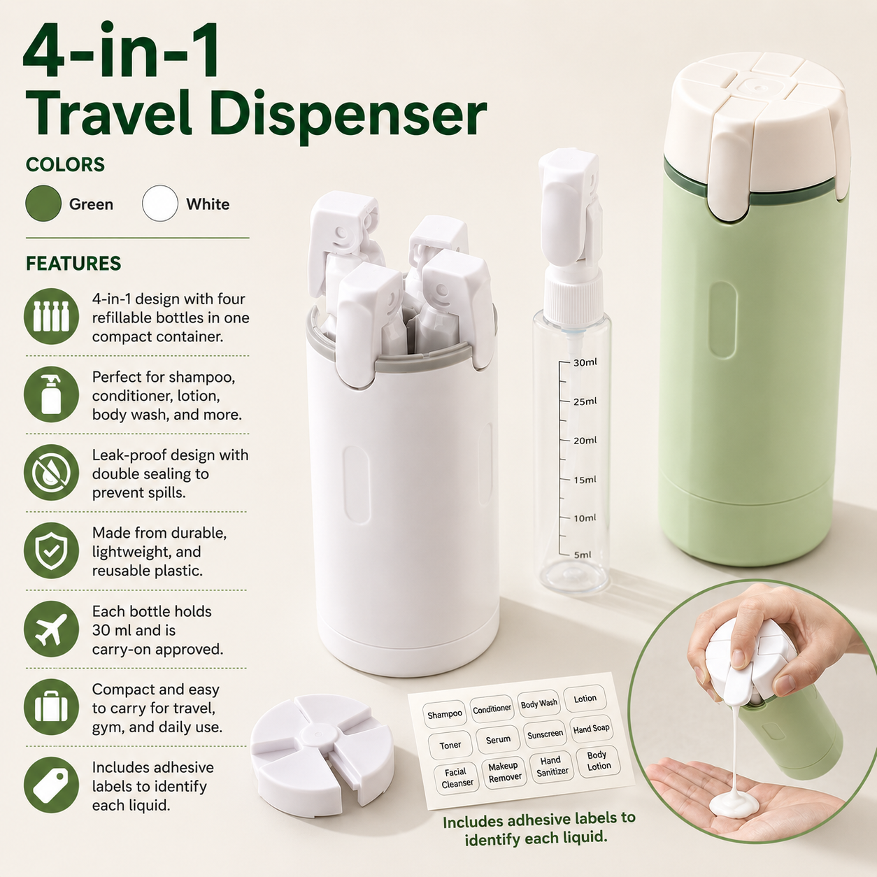 DISPENSADOR DE VIAJE 4 EN 1 CON BOTELLAS PORTÁTILES