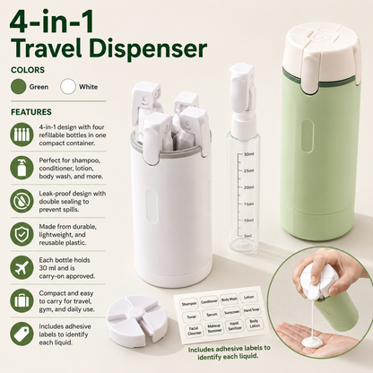 DISPENSADOR DE VIAJE 4 EN 1 CON BOTELLAS PORTÁTILES